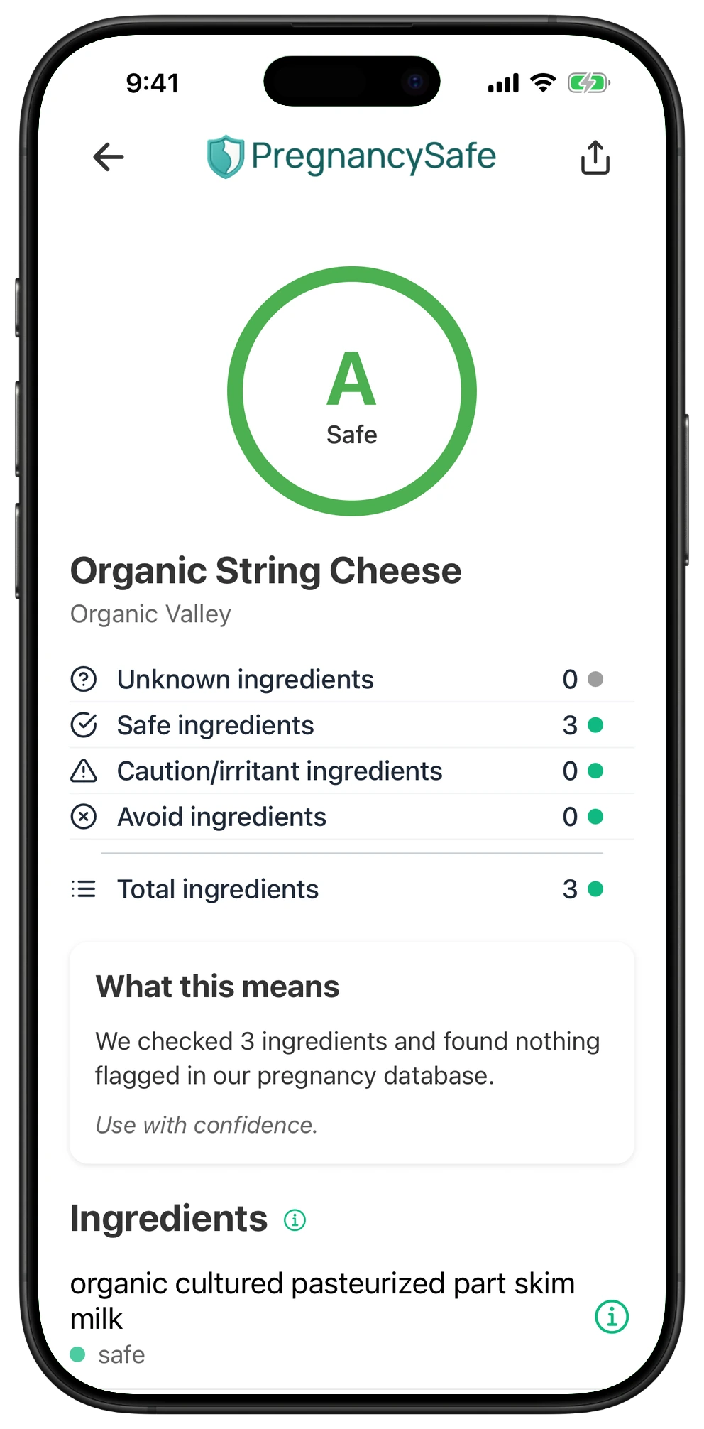 Pregnancy Safe app result for Organic String Cheese