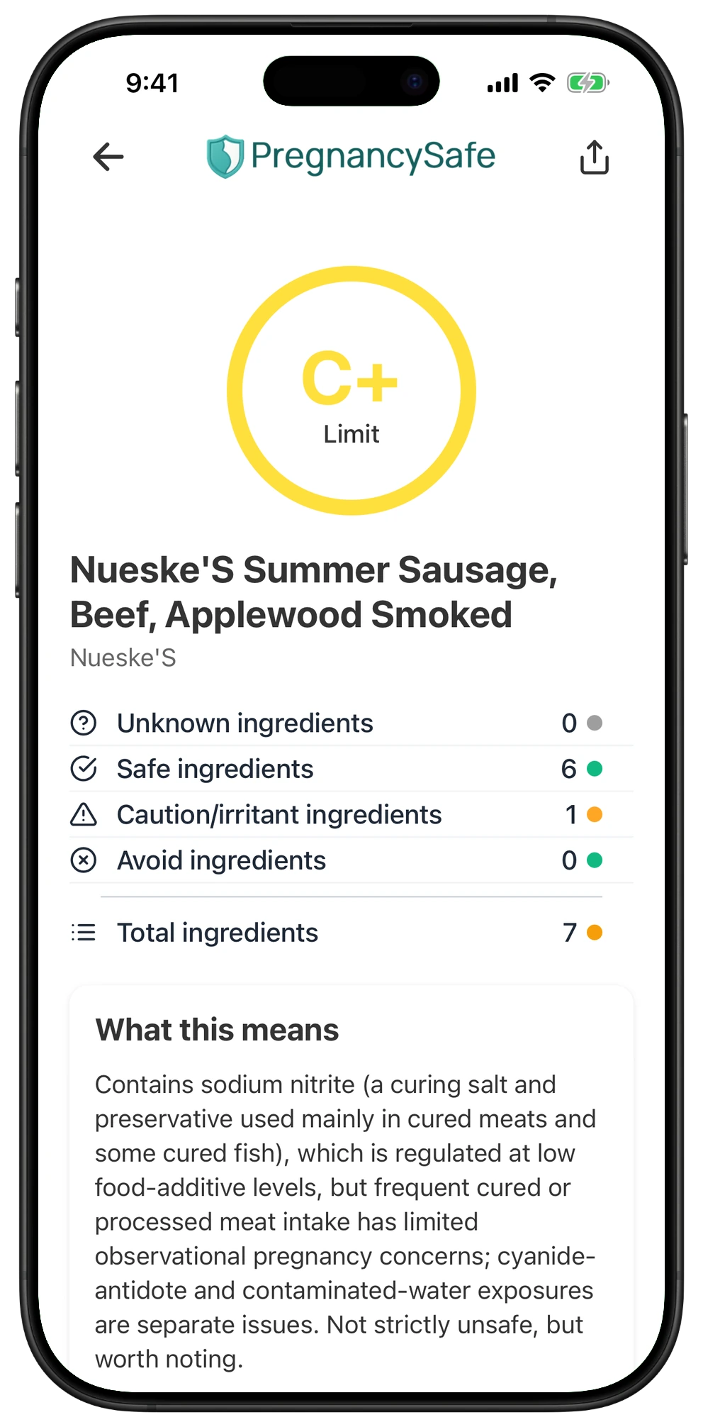 Pregnancy Safe app result for Nueske'S Summer Sausage, Beef, Applewood Smoked