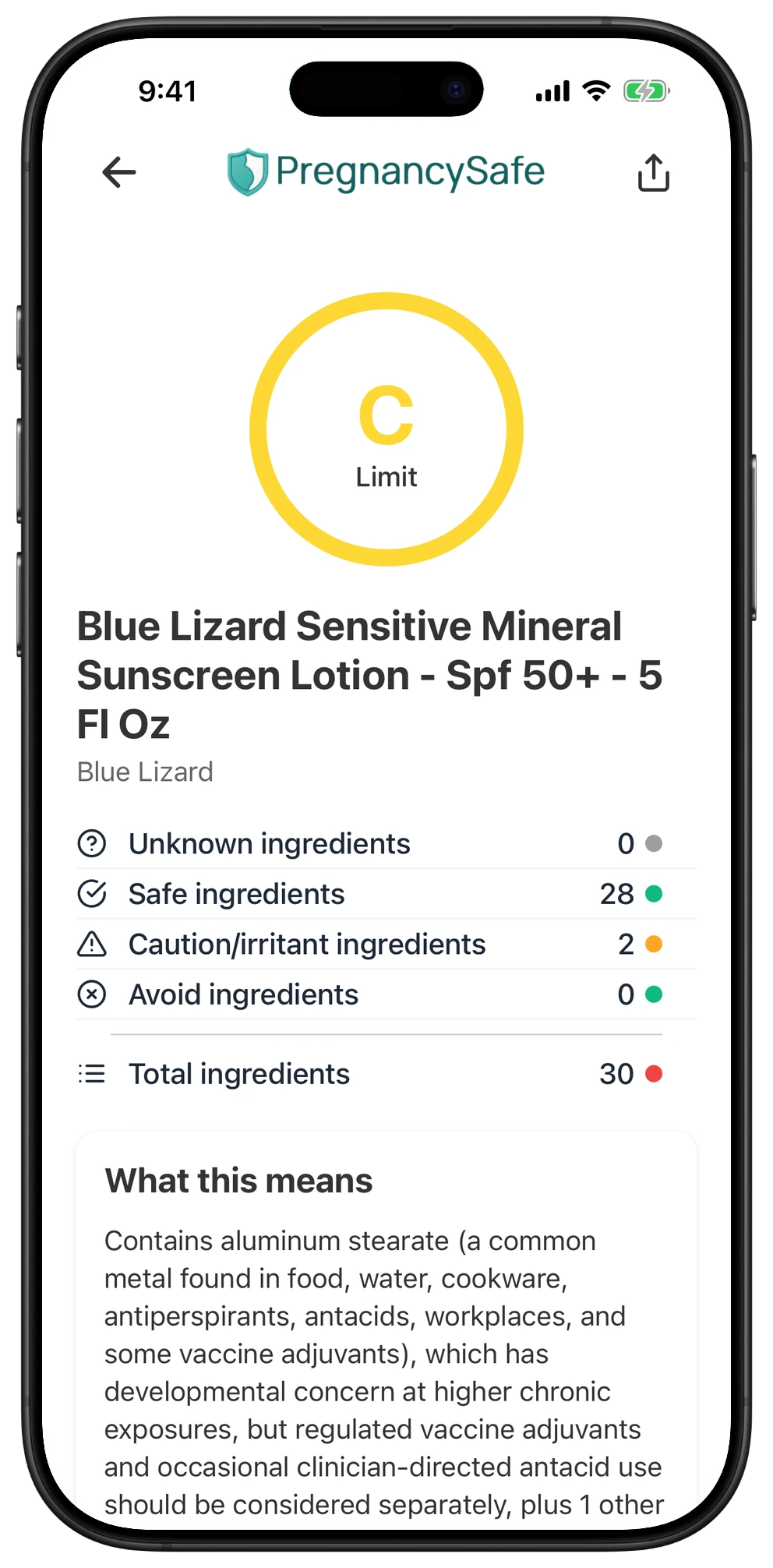 Pregnancy Safe app result for Blue Lizard Sensitive Mineral Sunscreen Lotion - Spf 50+ - 5 Fl Oz