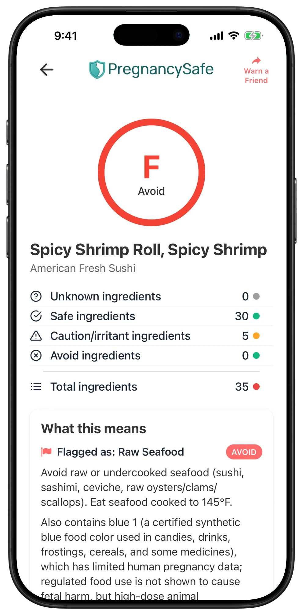 Pregnancy Safe app result for Spicy Shrimp Roll, Spicy Shrimp