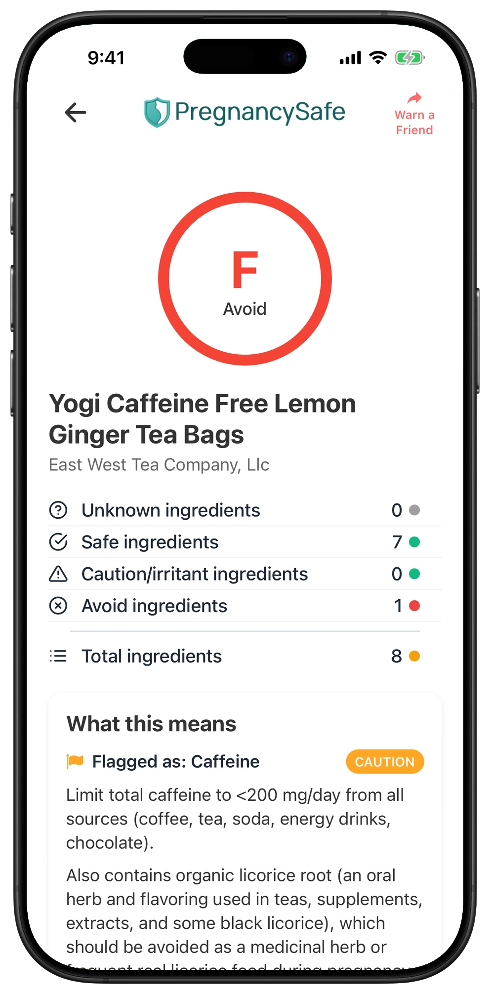 Pregnancy Safe app result for Yogi Caffeine Free Lemon Ginger Tea Bags