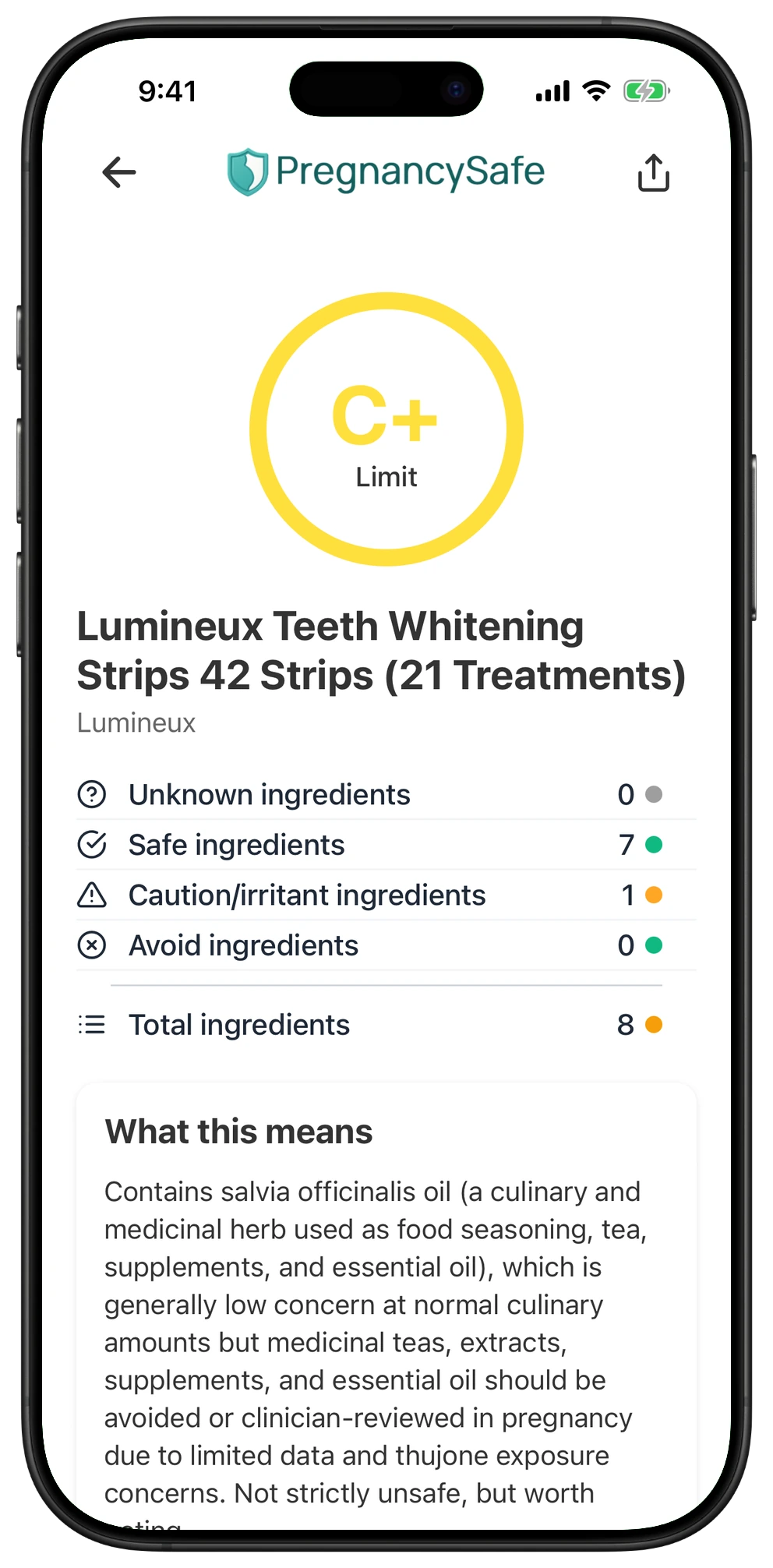 Pregnancy Safe app result for Lumineux Teeth Whitening Strips 42 Strips (21 Treatments)