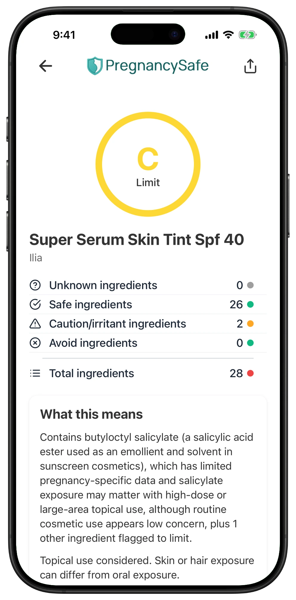 Pregnancy Safe app result for Super Serum Skin Tint Spf 40
