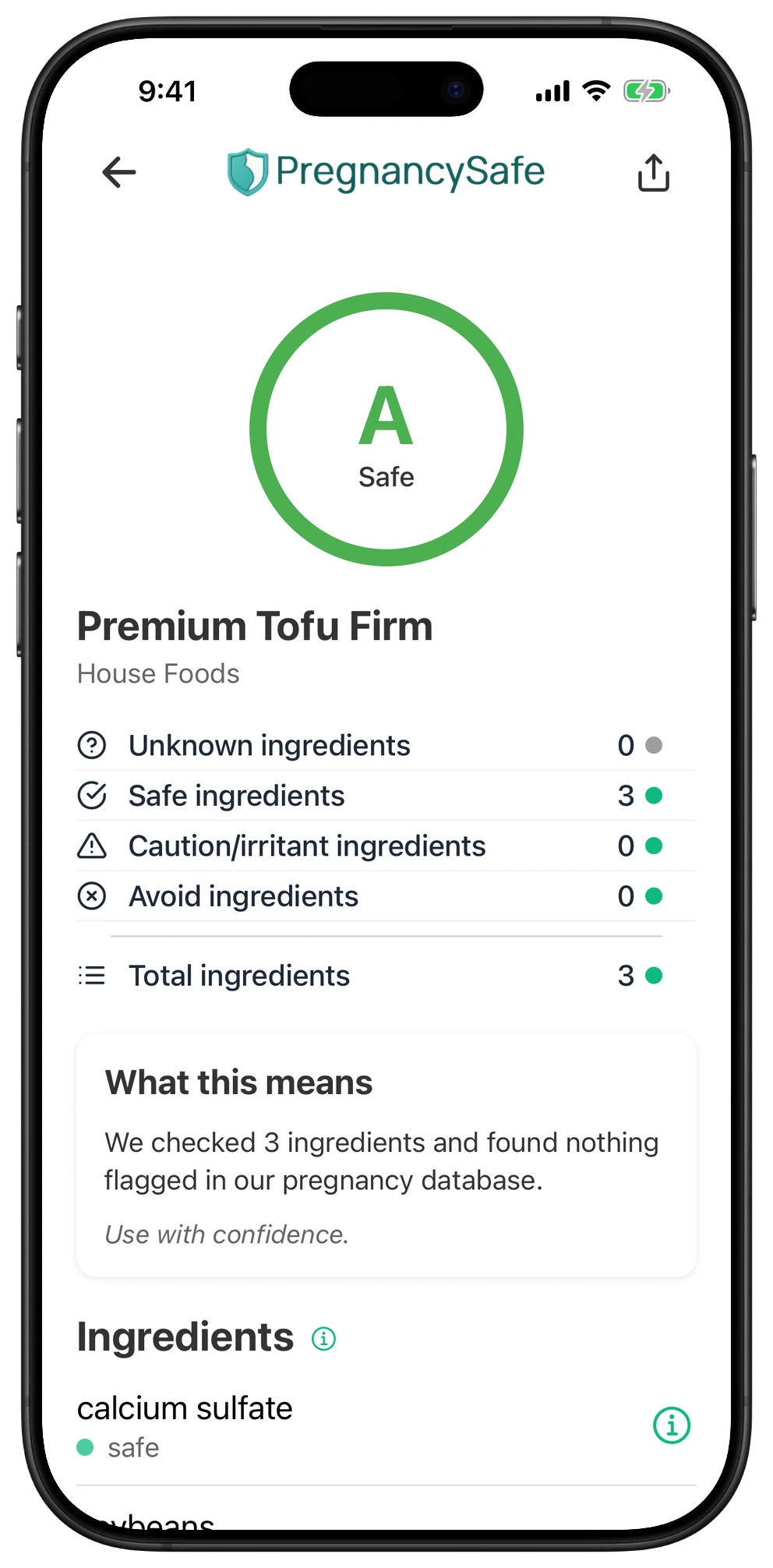 Pregnancy Safe app result for Premium Tofu Firm