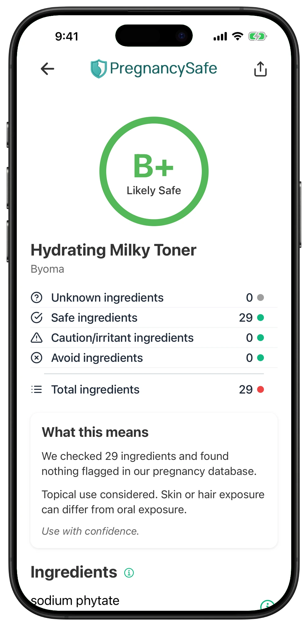 Pregnancy Safe app result for Hydrating Milky Toner