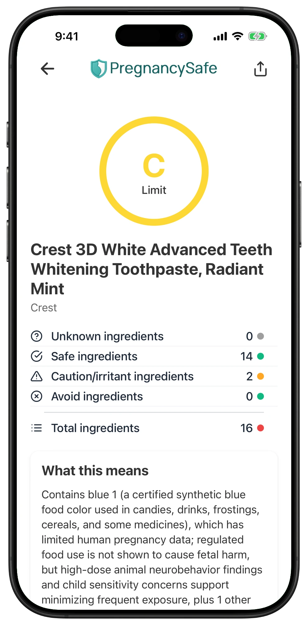 Pregnancy Safe app result for Crest 3D White Advanced Teeth Whitening Toothpaste, Radiant Mint