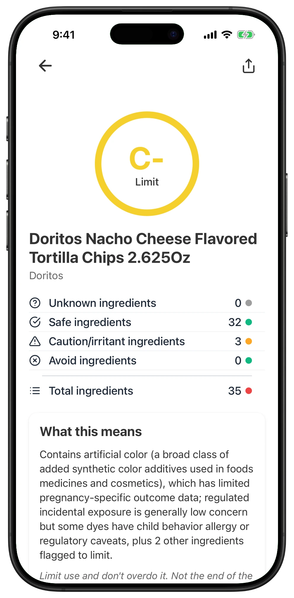 Pregnancy Safe app result for Doritos Nacho Cheese Flavored Tortilla Chips 2.625Oz