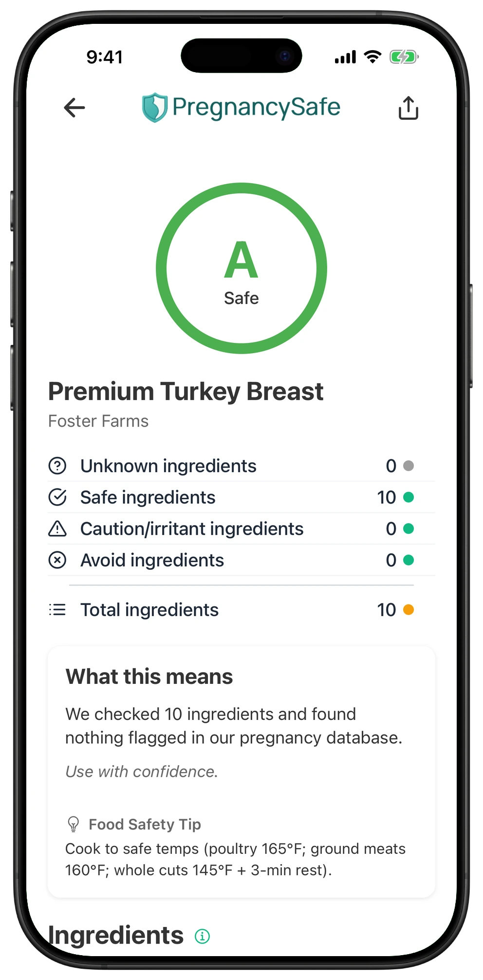 Pregnancy Safe app result for Premium Turkey Breast