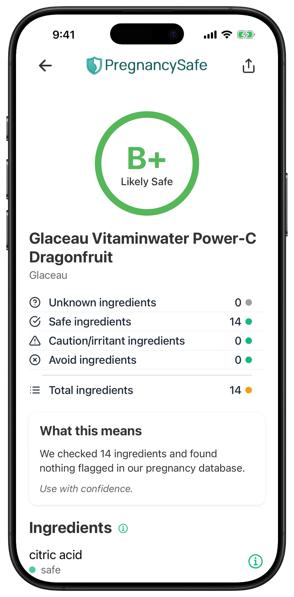 Pregnancy Safe app result for Glaceau Vitaminwater Power-C Dragonfruit