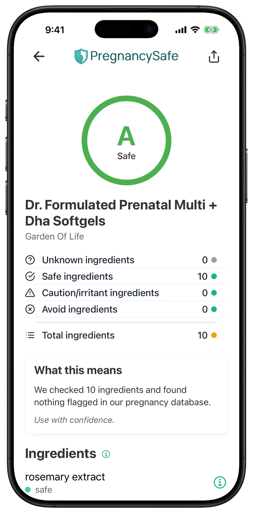 Pregnancy Safe app result for Dr. Formulated Prenatal Multi + Dha Softgels