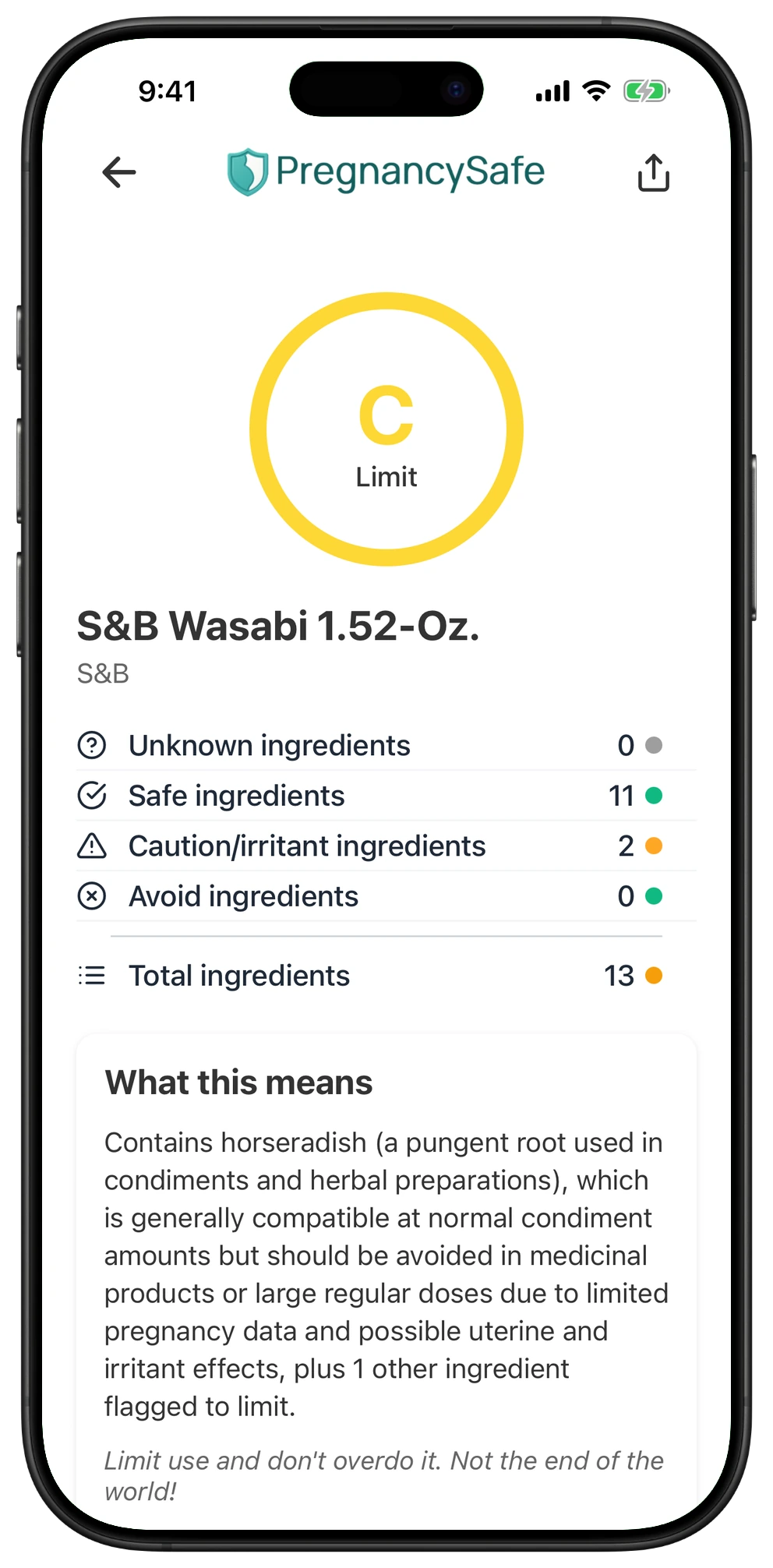 Pregnancy Safe app result for S&B Wasabi 1.52-Oz.
