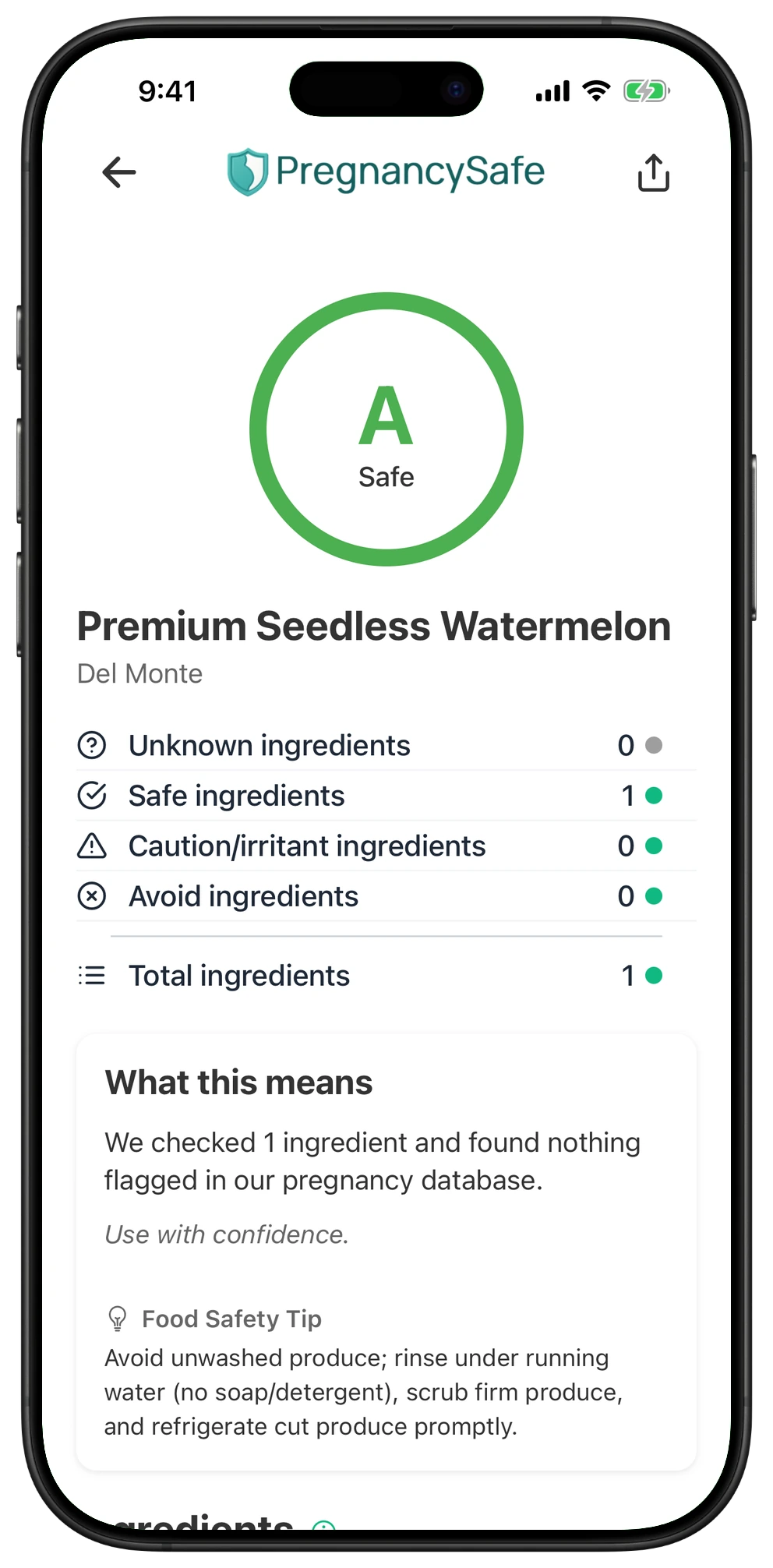 Pregnancy Safe app result for Premium Seedless Watermelon