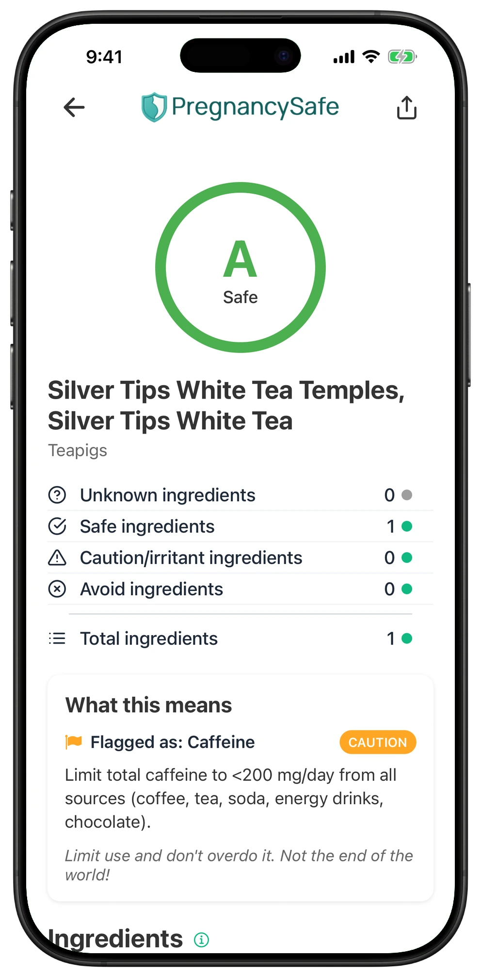 Pregnancy Safe app result for Silver Tips White Tea Temples, Silver Tips White Tea