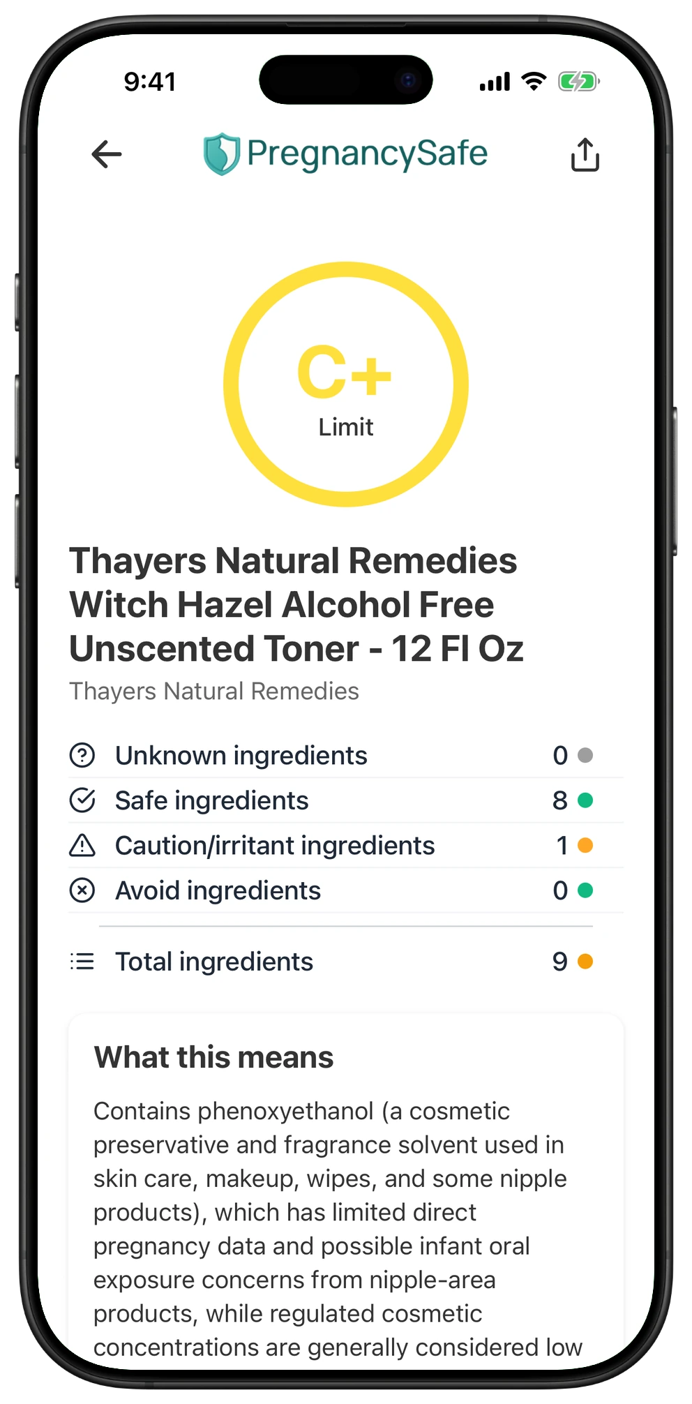 Pregnancy Safe app result for Thayers Natural Remedies Witch Hazel Alcohol Free Unscented Toner - 12 Fl Oz