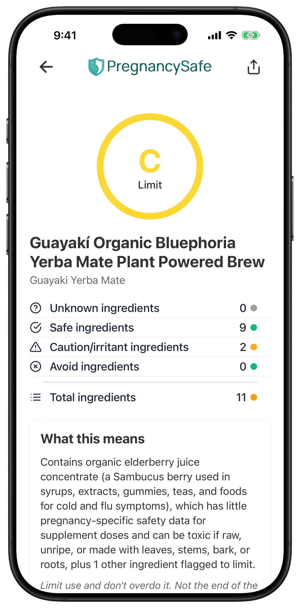 Pregnancy Safe app result for Guayakí Organic Bluephoria Yerba Mate Plant Powered Brew