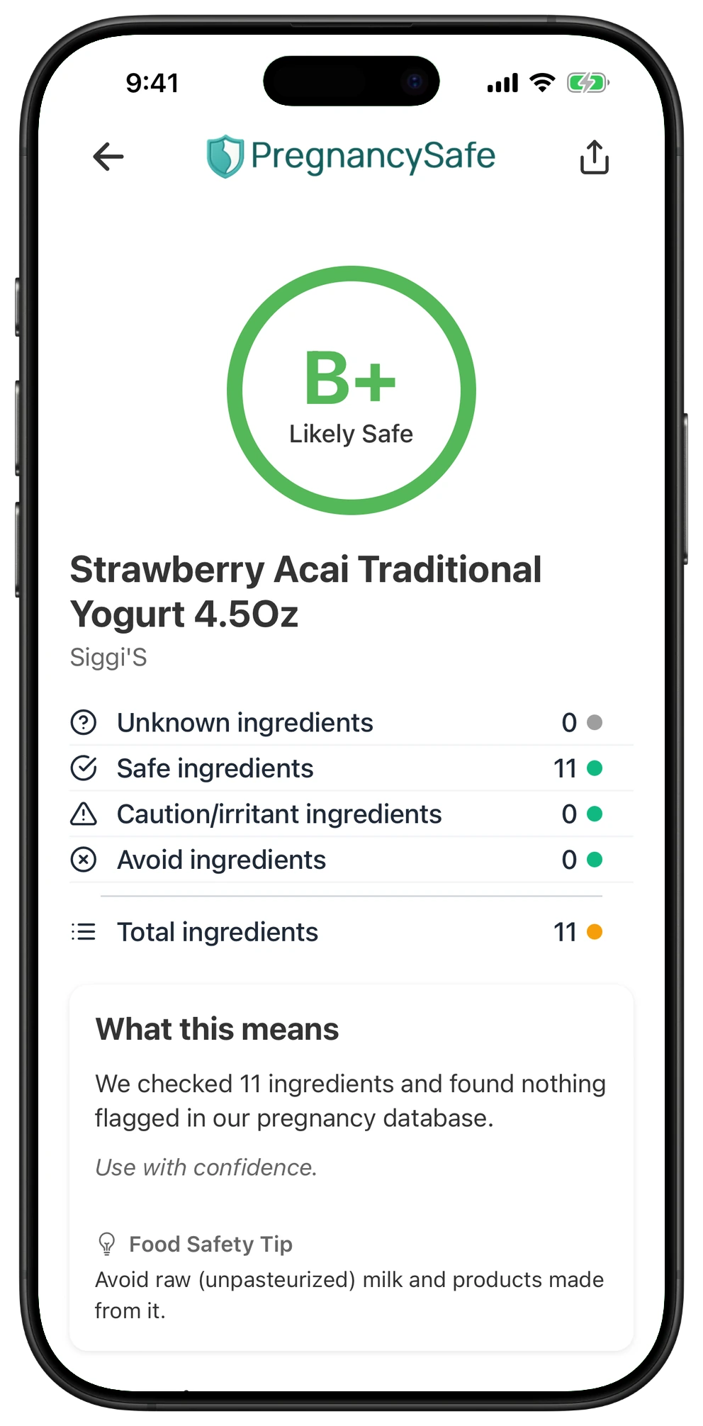 Pregnancy Safe app result for Strawberry Acai Traditional Yogurt 4.5Oz
